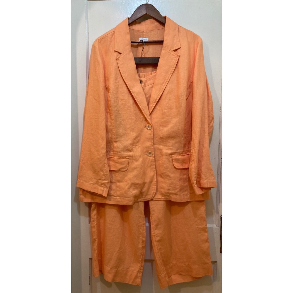 J. Jill Love Linen Blazer Wide Leg Crop Pants 2 Piece Suit Set XL Orange Coastal